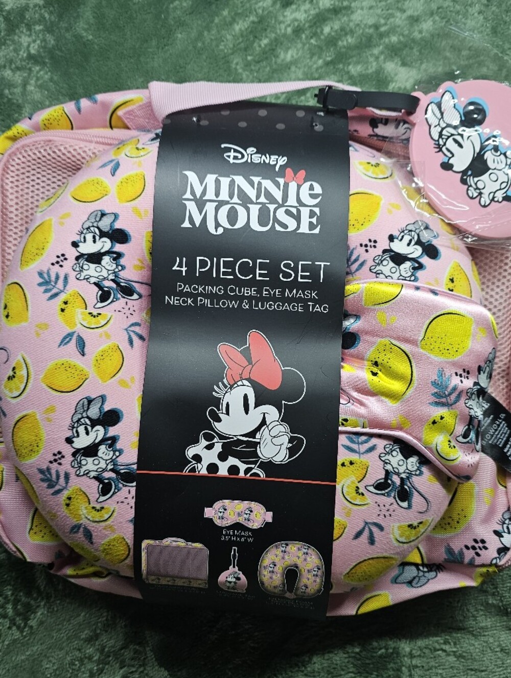 Disney Minnie Mouse 4-Piece Travel Set - Neck Pillow Eye Mask Luggage Bag & Tag